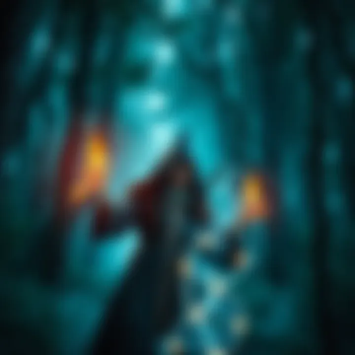 A witch in a forest wearing robes, holding a wand surrounded by glowing symbols