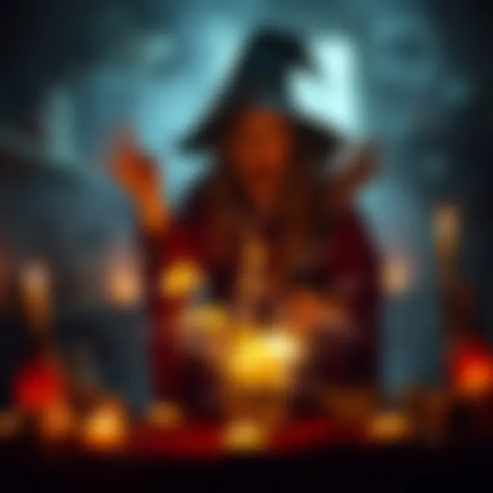 A witch standing in a dimly lit room, surrounded by candles and potion bottles, with a shocked expression as a spell backfires, creating sparks and smoke.