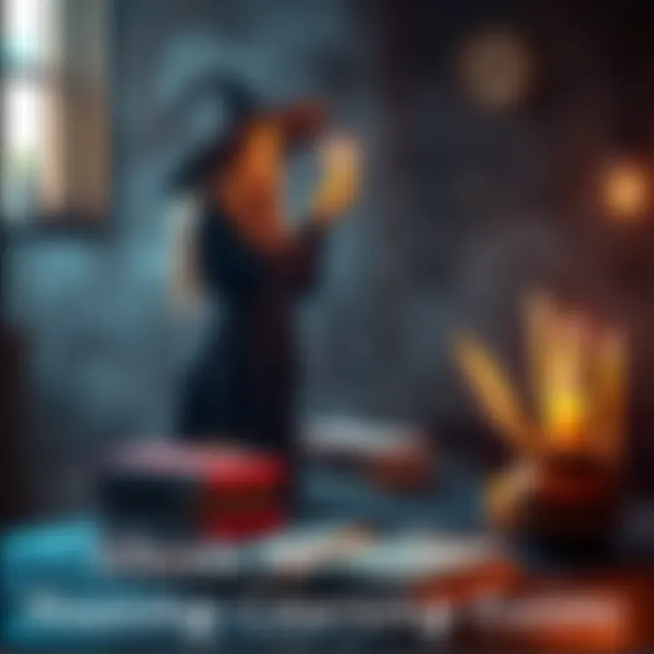 A witch standing over nursing textbooks with candles, casting a spell for confidence and success in exams