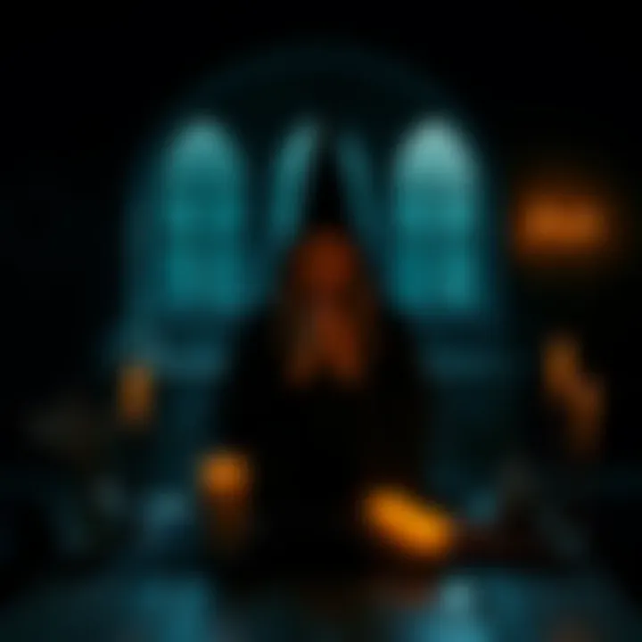 A witch in a dark room conducting a cleansing ritual with candles and herbs, focused on protection and spiritual hygiene.