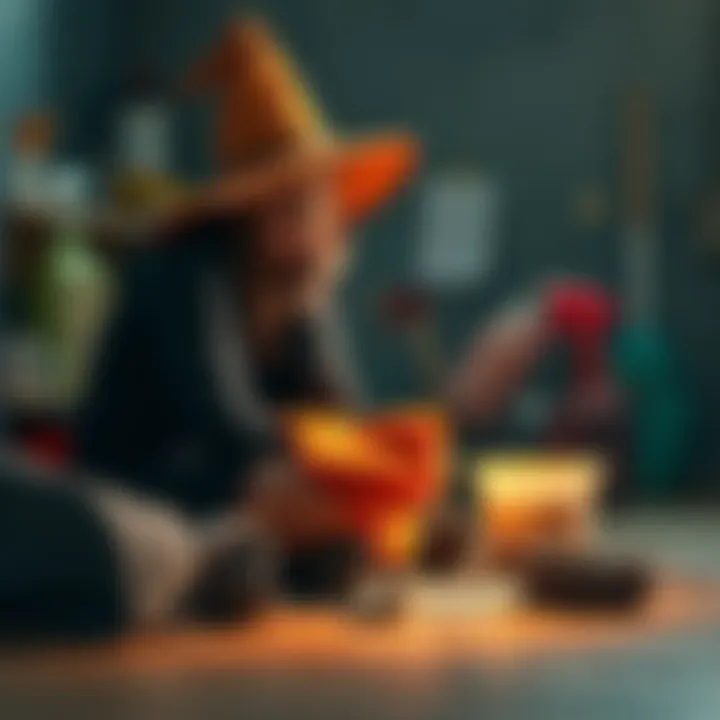 A witch sitting on the floor surrounded by cleaning supplies, deep in thought about an unexpected find, with a bundle of sage nearby.