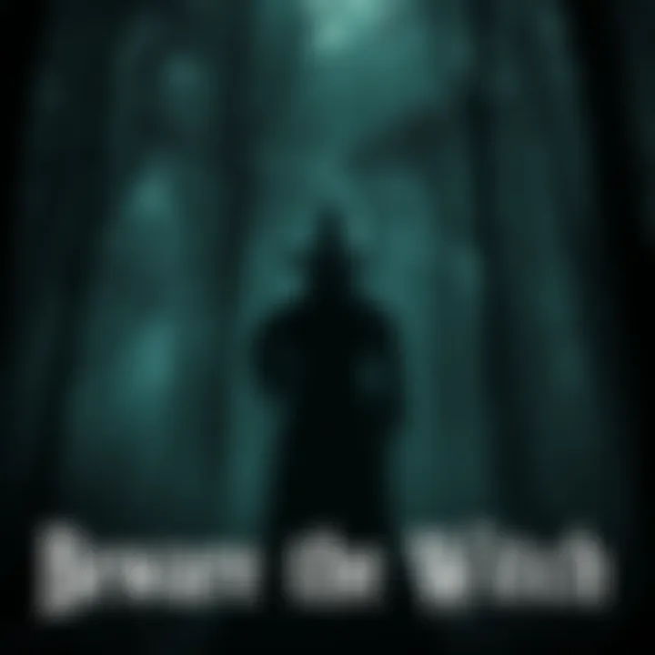 A figure resembling Zuriel the Witch stands in a shadowy New England forest, with a chilling atmosphere and dark trees surrounding her.