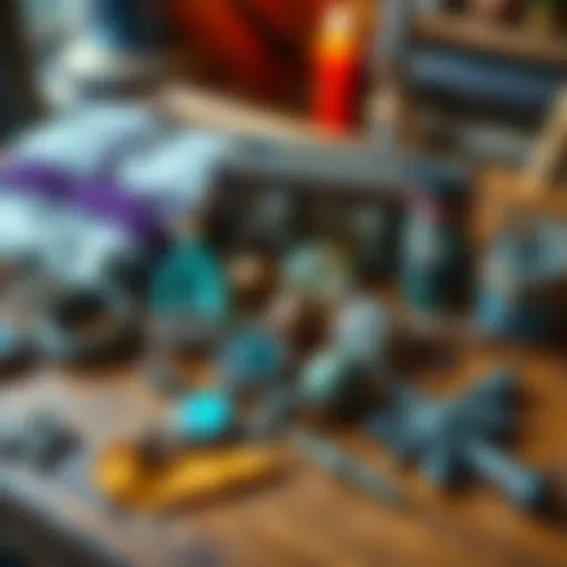 A collection of protective charms, personal artifacts, and accessories commonly carried by witches, displayed on a wooden table.