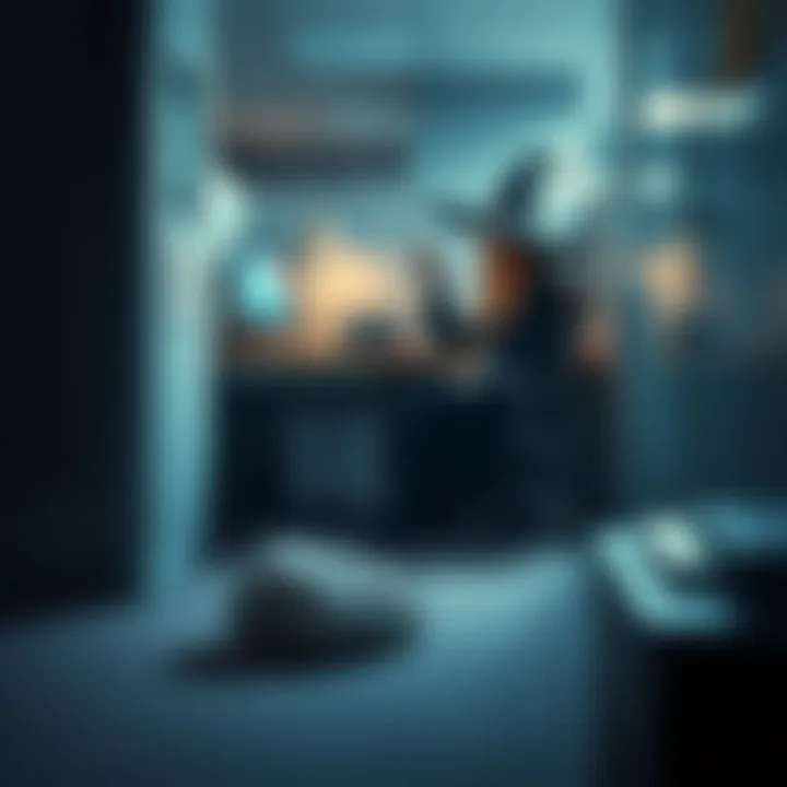 A witch sitting at her cubicle, looking thoughtfully at a rock on the floor beneath her desk, considering its origin.