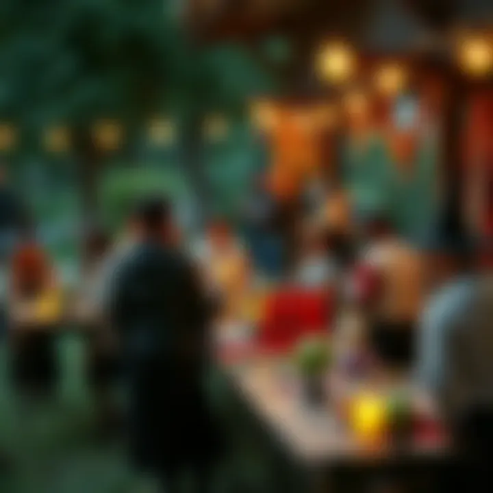 A group of people engaged in creative activities at a witch-themed event, with tables set up for crafts and games in a festive outdoor setting.