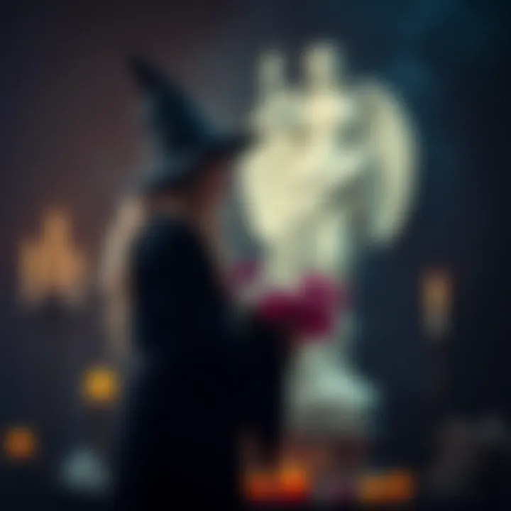 A pagan witch holds flowers in front of a statue representing a goddess, surrounded by candles and crystals, symbolizing a spiritual connection and celebration of lesbian pride.