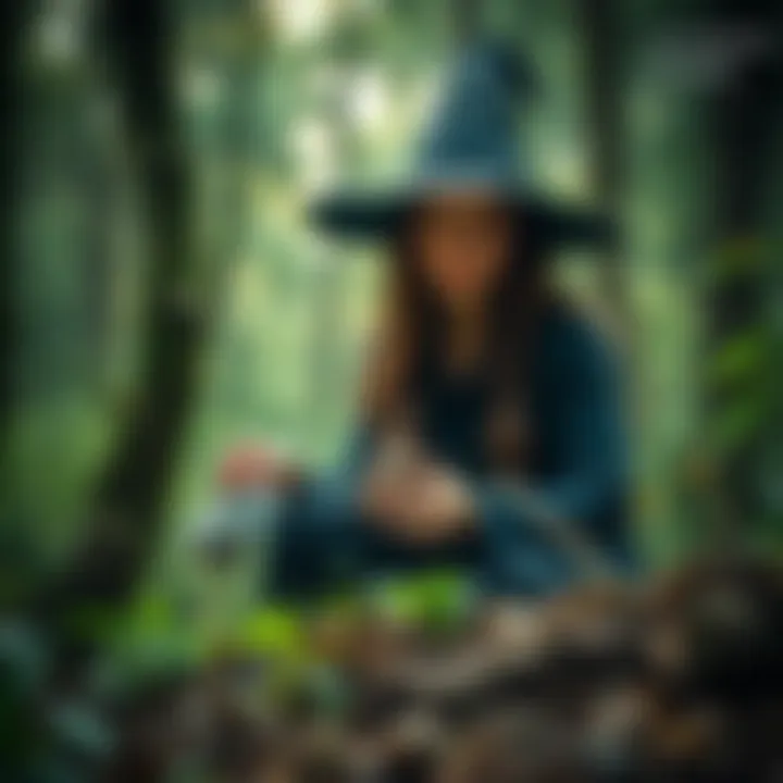 A witch in a forest setting carefully disposing of hair remnants into a natural area while holding a small pouch of herbs