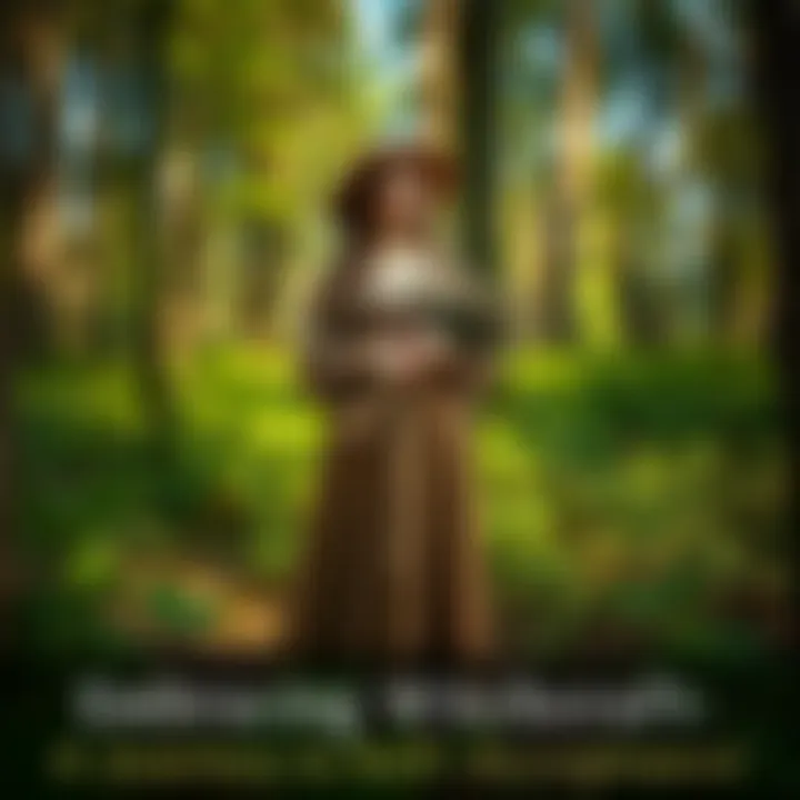 A woman wearing a flowing dress stands in a forest, surrounded by trees and plants, holding a bundle of herbs. She looks peaceful and confident, embracing her identity as a witch.