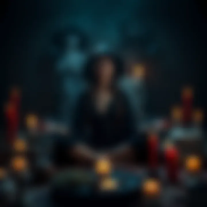 A witch sitting cross-legged with closed eyes, practicing meditation amidst candles and herbs, symbolizing focus and peace after a baneful magic ritual.