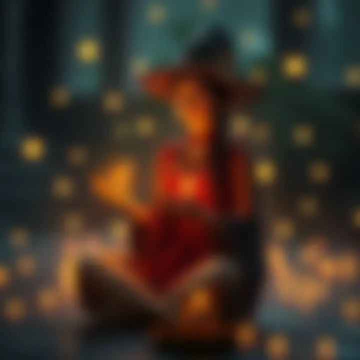 A witch in a serene meditation pose surrounded by soft glowing lights, visualizing a mystical character, with a gentle transformation of her surroundings.