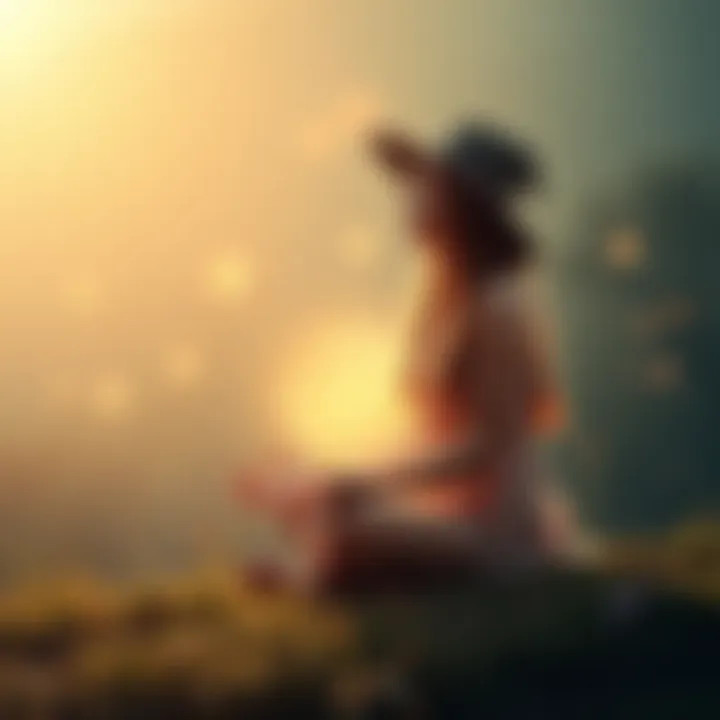 A beginner witch sitting cross-legged in a peaceful natural setting, eyes closed in meditation, surrounded by glowing orbs representing spirit guides.