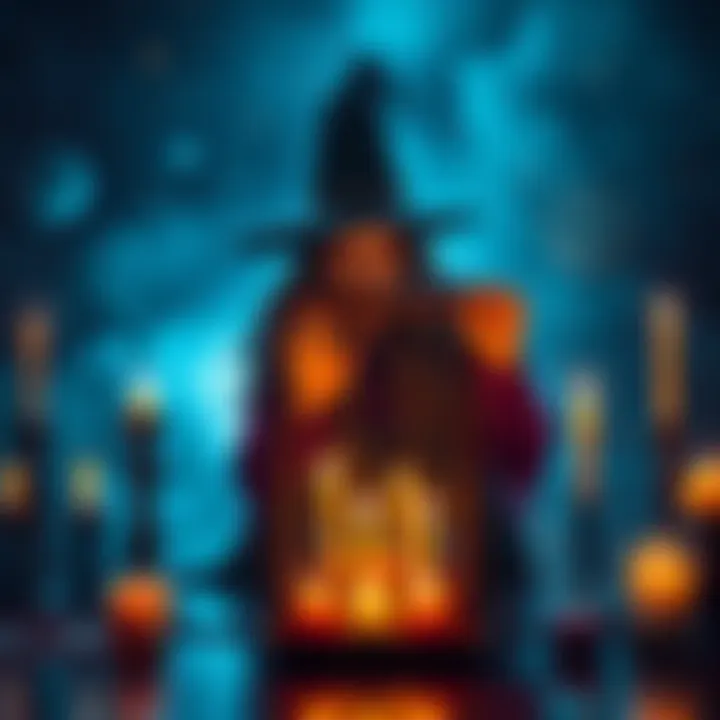 A beginner witch casting a mirror box spell surrounded by candles, with a dreamlike scene in the background showing dream elements.