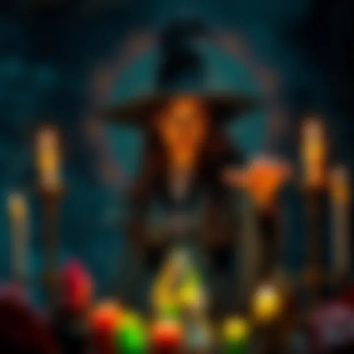 A witch stands in front of candles and crystals, casting a spell with a focused expression, surrounded by an atmosphere of magick.