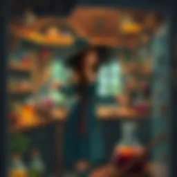 A witch stands inside her cozy potion shop, surrounded by colorful potions and herbs, engaging with a friendly townsfolk.