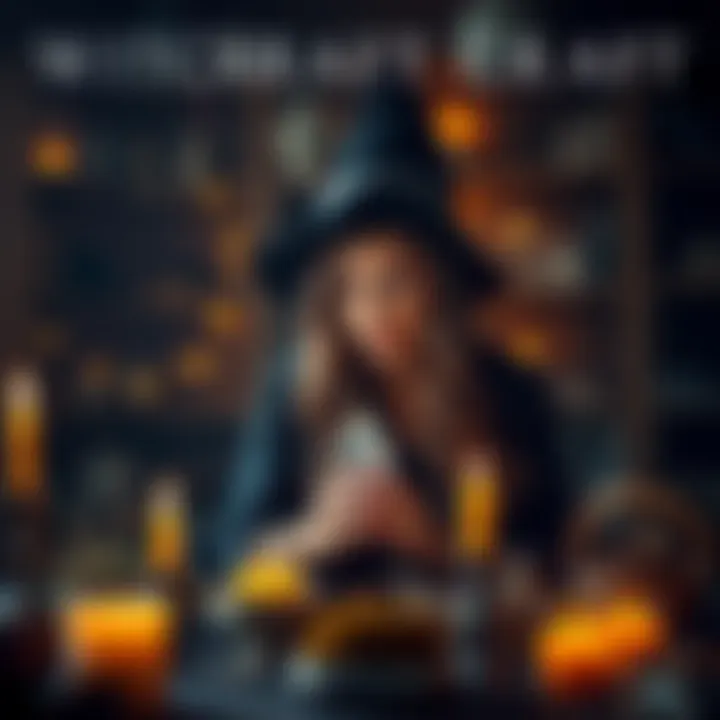 A witch surrounded by candles and herbs, looking contemplative while holding a crystal, in a dimly lit room
