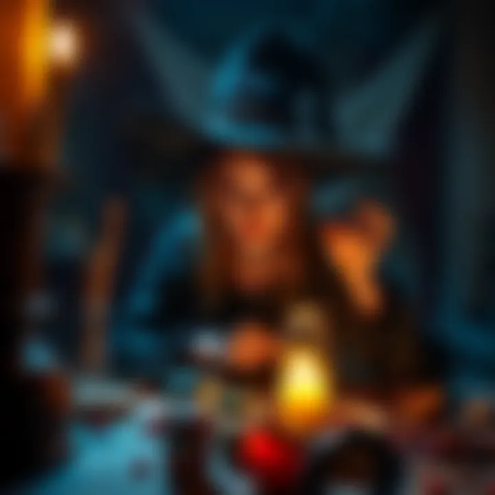 A witch in a dark room surrounded by spell ingredients, looking concerned as she attempts a protection spell against a stalker.