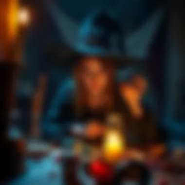 Witch casting a protection spell A witch in a dark room surrounded by spell ingredients, looking concerned as she attempts a protection spell against a stalker.