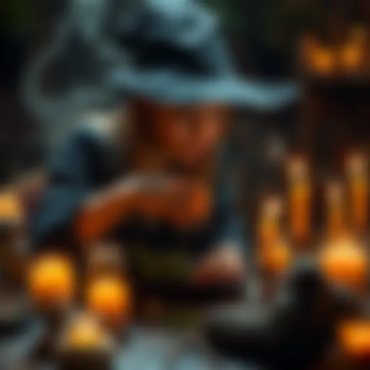 Witch creating a regret spell A young witch mixes herbs and candles on a table, focused on crafting a regret spell for her ex-boyfriend.