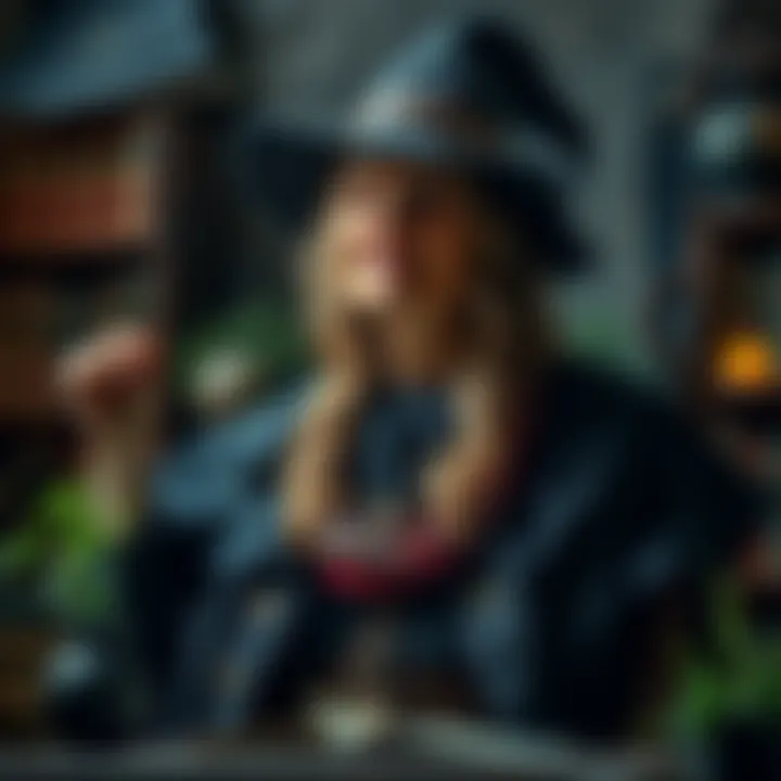 A witch standing relaxed, surrounded by books and herbs, symbolizing knowledge and freedom of choice.