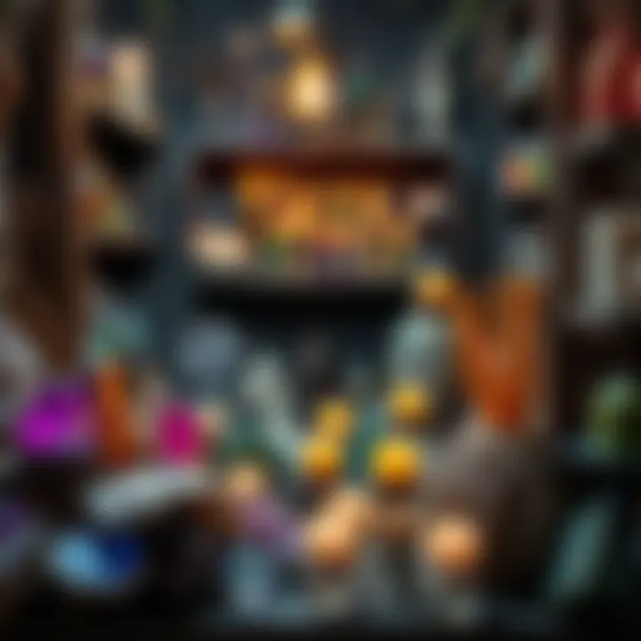A display of various crystals, candles, and incense sticks in a cozy witch shop