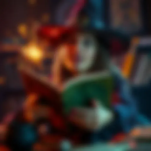 A witch sitting at a table with a spellbook, looking surprised at a magical mishap with colorful sparks flying around.