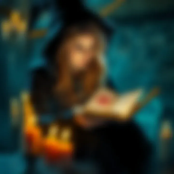 A witch in a dark cloak reads from an ancient spellbook, surrounded by candles and mystical symbols.
