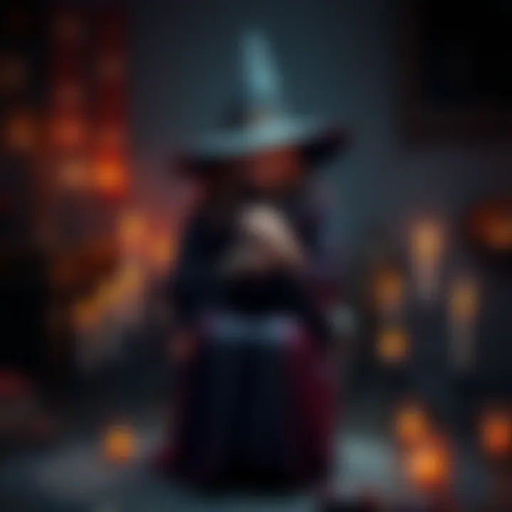 A witch in a dark room, surrounded by candles and symbols, with a small magical creature appearing beside her.