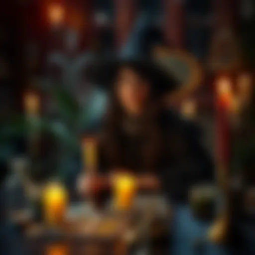 An experienced witch sits at a table, surrounded by candles and tarot cards, looking contemplative after a failed spell for a court case.