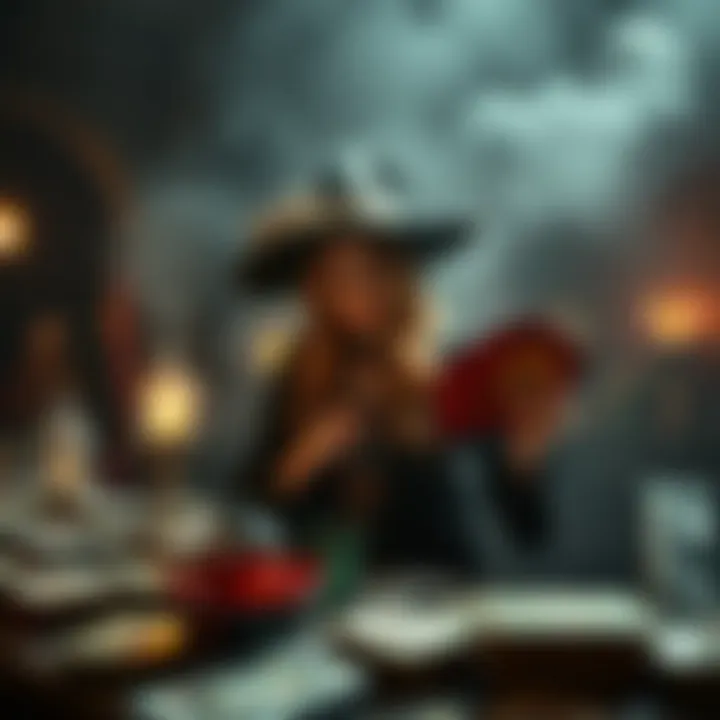 A novice witch stands at a table filled with various tarot decks, looking thoughtful as she holds one deck, feeling uncertain about her choice.