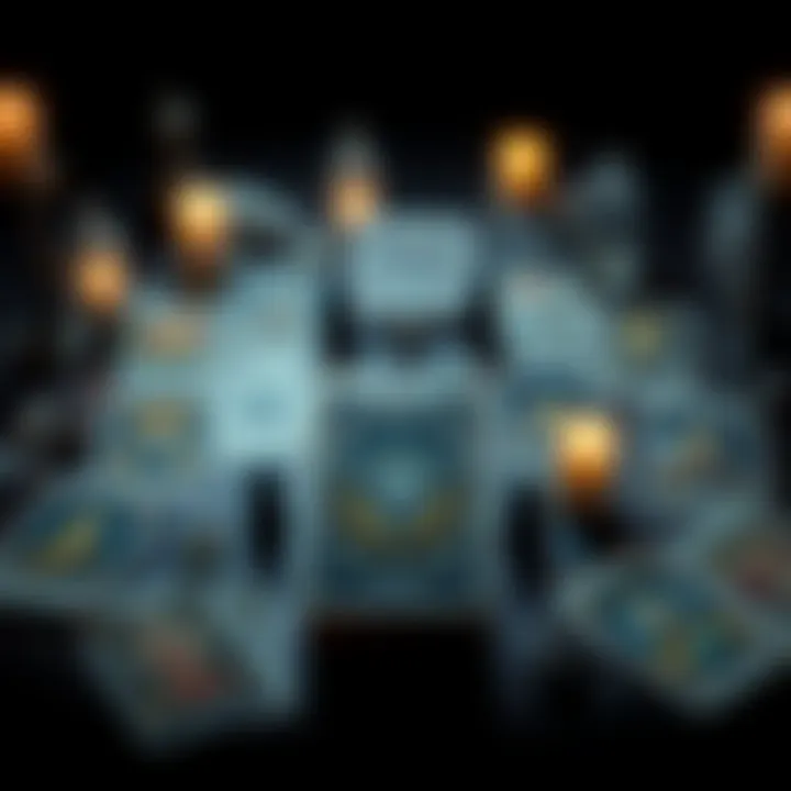 Witch Tarot Spread A witch tarot spread laid out on a table, showcasing various tarot cards with mystical symbols and elements like candles and crystals surrounding them.