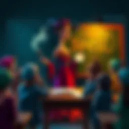 A whimsical scene of a witch in a classroom, writing the word 'spell' on a chalkboard, surrounded by curious students holding wands and spellbooks.