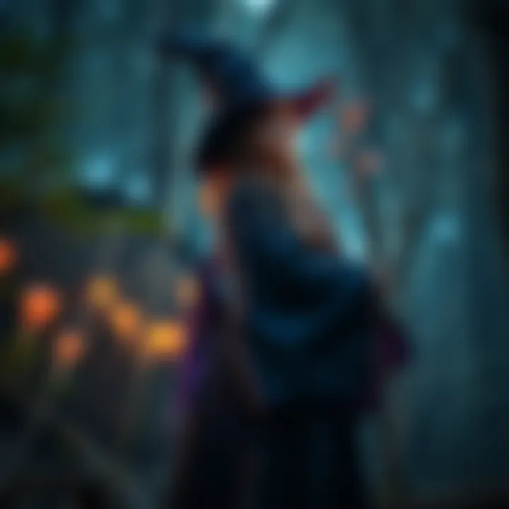 Witch with a Wand A witch standing in a forest, holding a wand and looking thoughtful, surrounded by symbols of nature and spirituality.