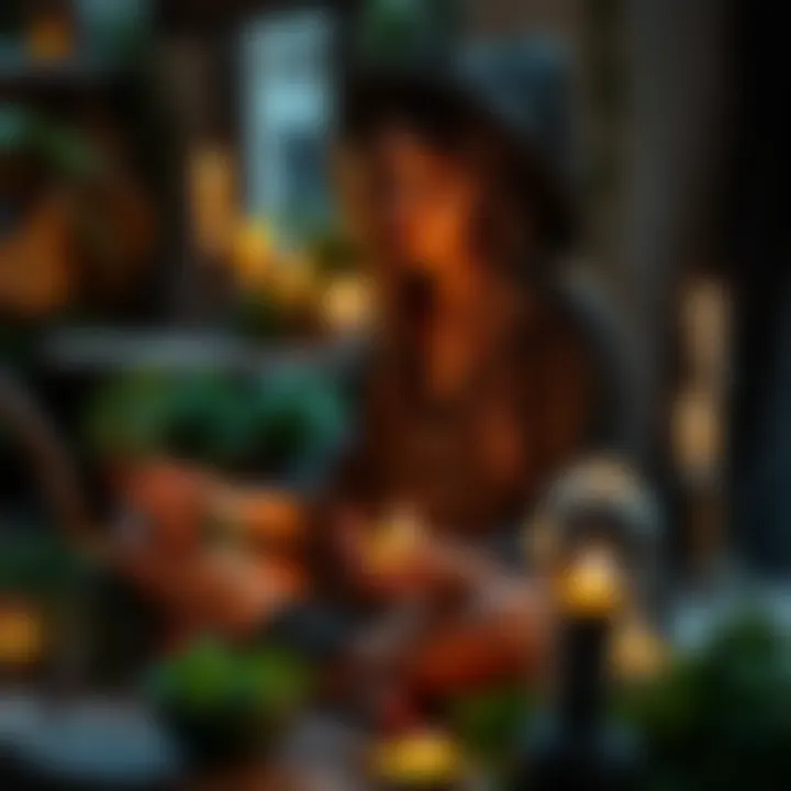 A witch practicing meditation with herbs around her, surrounded by candles and natural elements, showing a peaceful atmosphere
