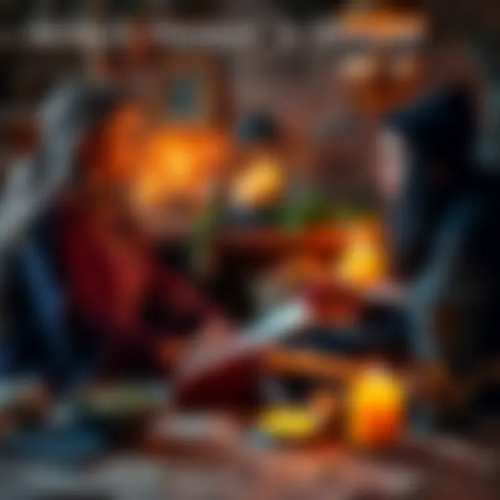 A witchcraft mentor sharing knowledge with a student in a cozy setting, featuring candles and herbs