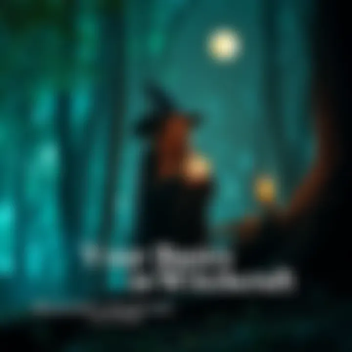 A witch performing a ritual surrounded by trees, holding a crystal and looking at the moon