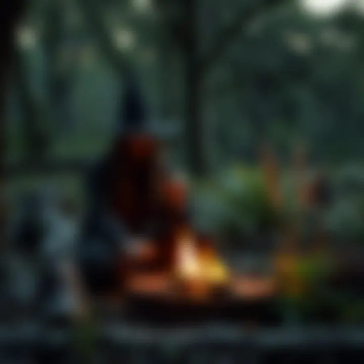 Witchcraft Ritual in Nature An ex-Christian performing a witchcraft ritual outdoors, surrounded by trees and plants, using natural elements to connect with nature and honor ancestors.