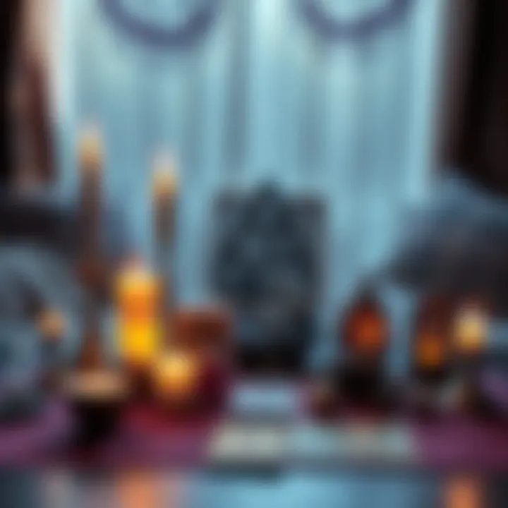 A newly created witchcraft space with candles, crystals, and tarot cards on a table, surrounded by a small shrine for deities.