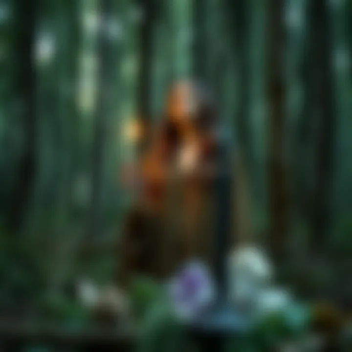 A person standing in a forest holding a candle and looking contemplative, surrounded by nature symbols like herbs and crystals.