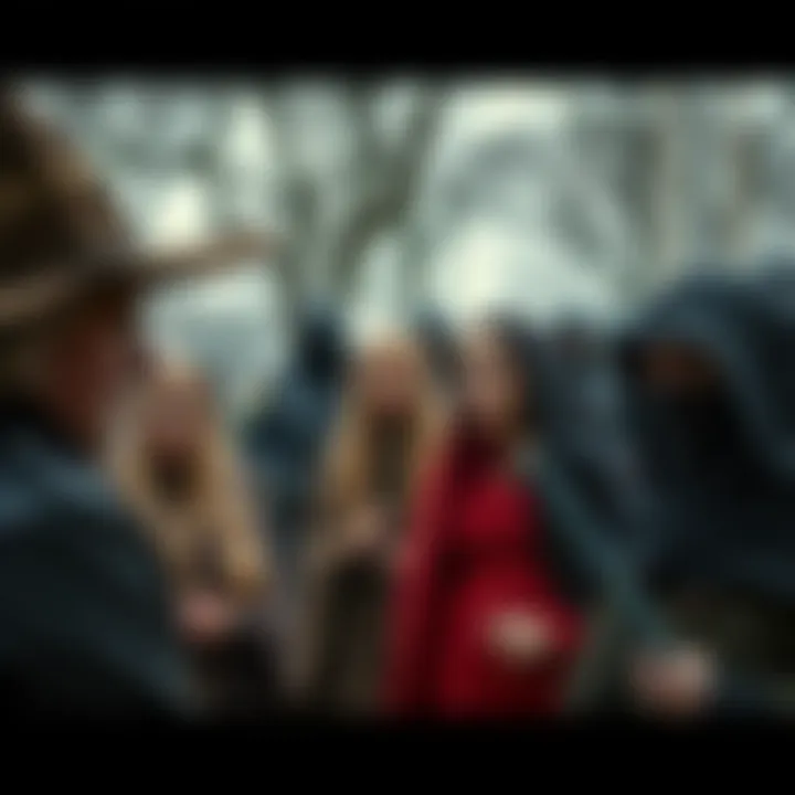 A group of Pagans practicing their rituals outdoors, looking concerned, with police in the background to symbolize recent arrests related to witchcraft.