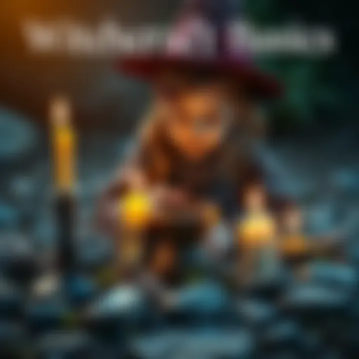 A young witch practicing spell casting with candles and herbs, surrounded by a circle of stones.