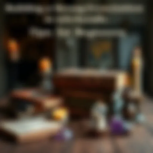 An assortment of beginner witchcraft books alongside candles and crystals on a wooden table