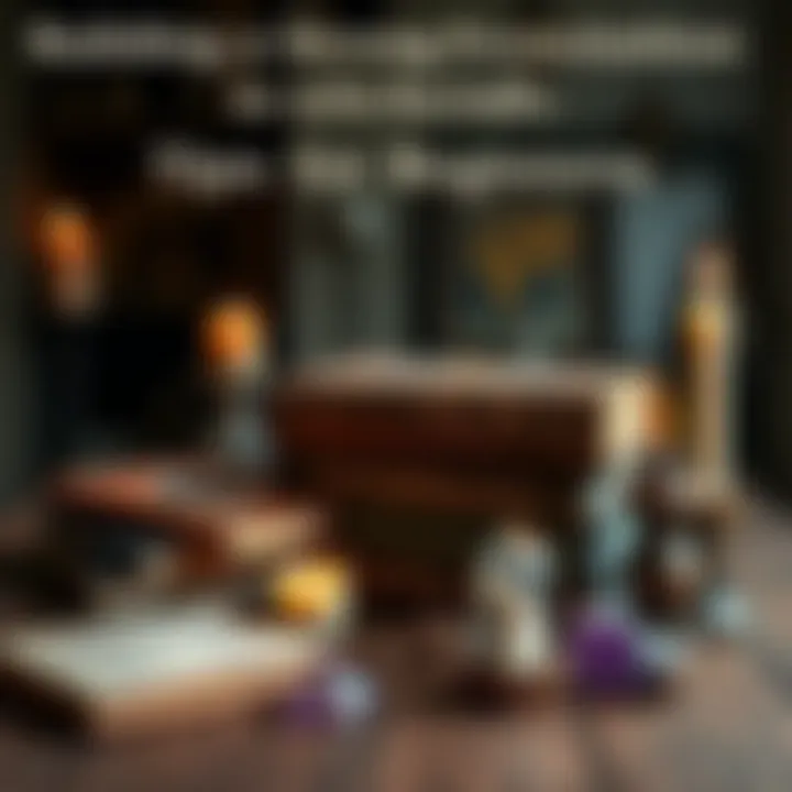 Witchcraft Basics Books and Tools An assortment of beginner witchcraft books alongside candles and crystals on a wooden table