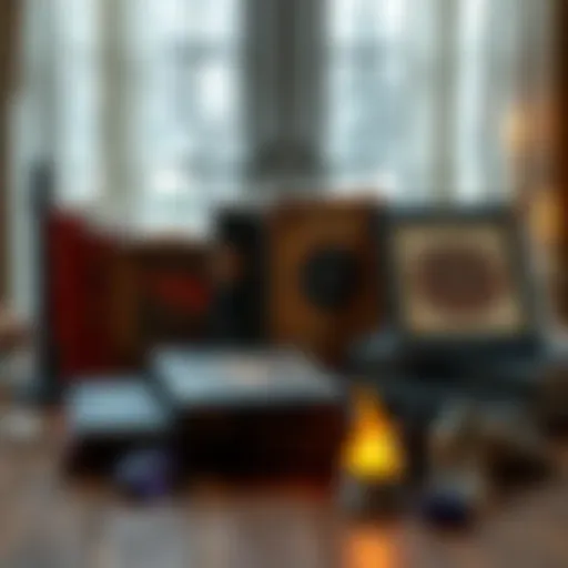 A selection of non-Wiccan books related to witchcraft displayed on a wooden table with candles and crystals.