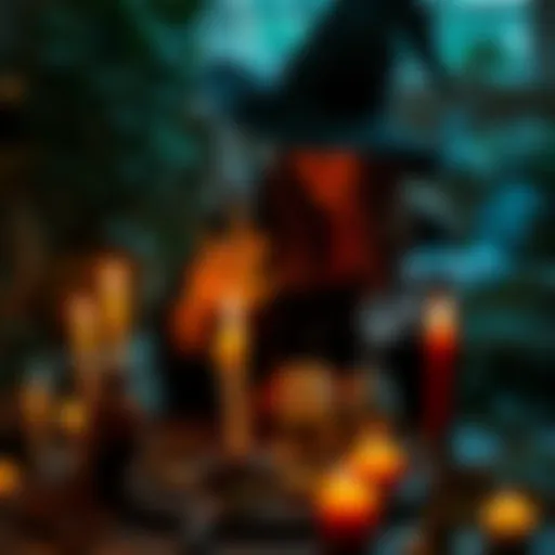 A witch performing a ritual with cannabis, using smoke and oils in a serene setting surrounded by herbs and candles.