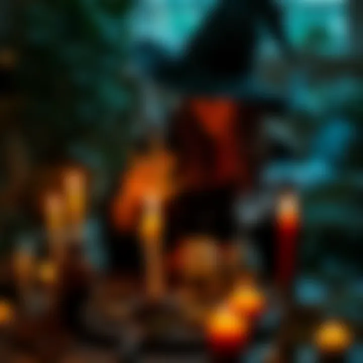 A witch performing a ritual with cannabis, using smoke and oils in a serene setting surrounded by herbs and candles.