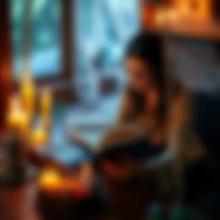 A person reading a book on witchcraft while sitting at a cozy table with candles and crystals, reflecting a solitary practice in a warm environment.