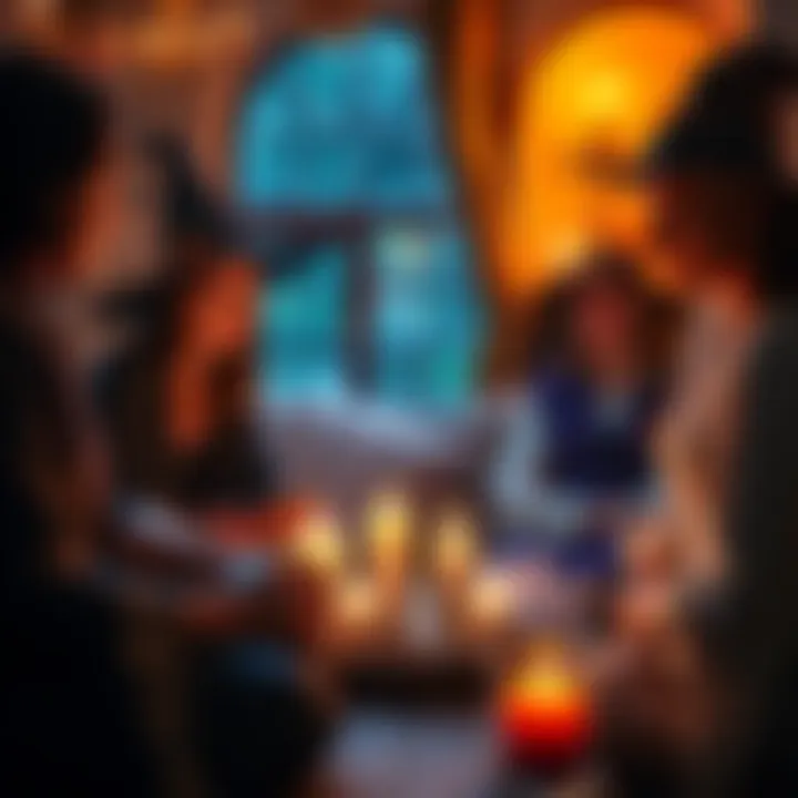 A witch sharing her secrets with friends in a cozy setting, with candles and crystals around them