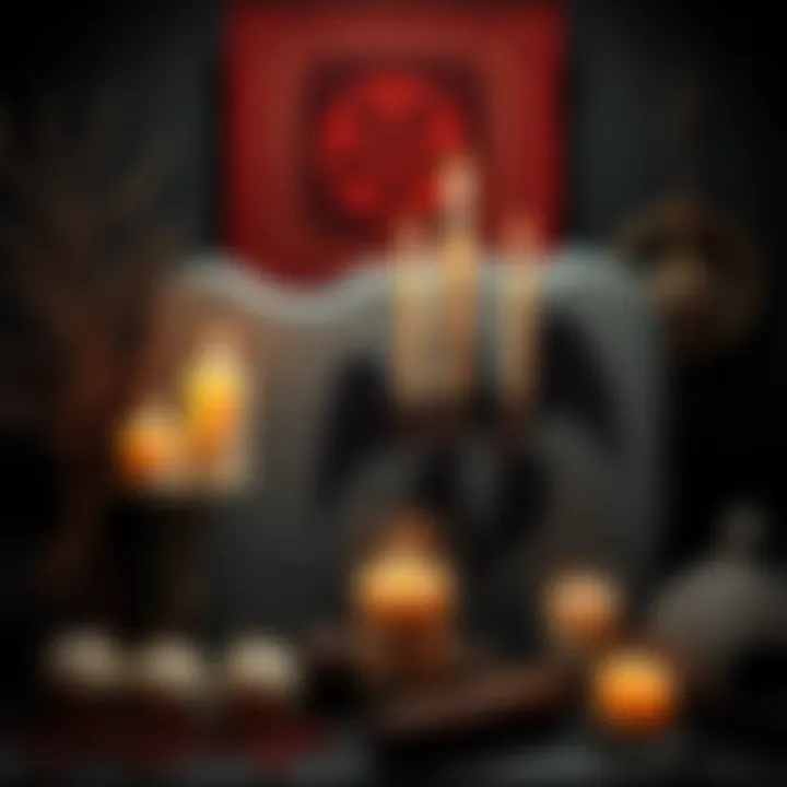 A representation of witchcraft elements blended with Greek mythology symbols, featuring candles, herbs, and ancient Greek designs.