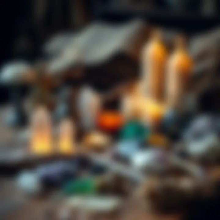 A collection of new and old witchcraft items including crystals, candles, and herbs on a wooden table. The old items show signs of wear, contrasting with the new ones.