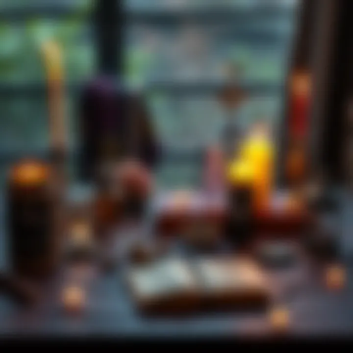 A table displaying witchcraft tools such as candles, crystals, and a book of spells, welcoming those curious about the practice.